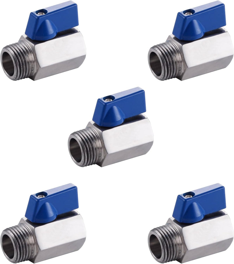 Mini Ball Valve - Pack of 5, 1/4" NPT Female x Male Thread Shut-Off Valve