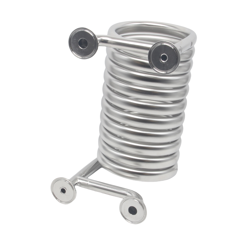 Jacketed Condensing Coil / Wort Chiller, (4) 1.5" Tri Clamp Ports, 1/2" Inner Tube OD, 3/4" Outer Tube OD, 6" Diameter, 12" Height, 304 Stainless Steel